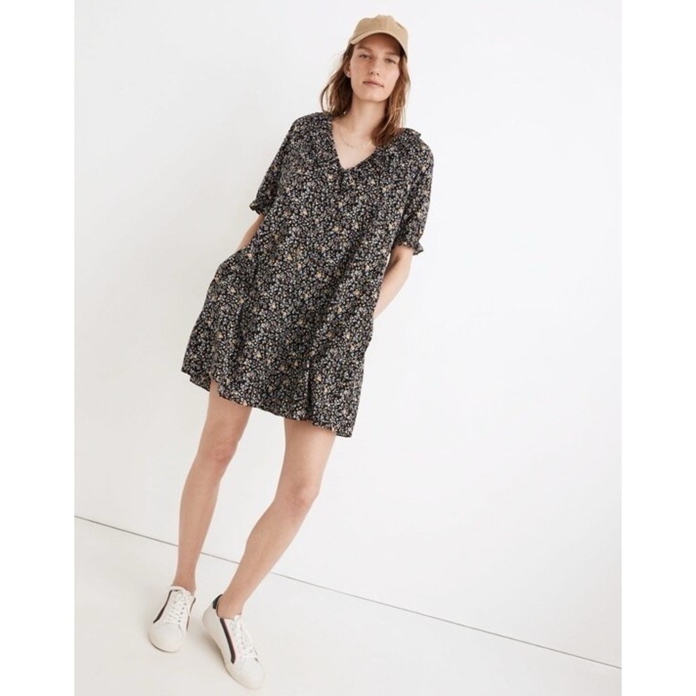 Madewell Ruffle Button Front Trapeze Dress Women S Black Folk Magic Floral $118